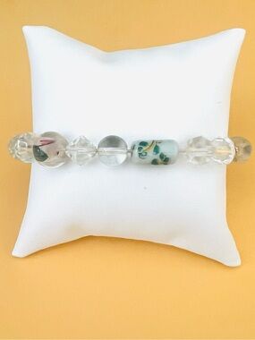 Clear crystals Beaded Stretch Bracelet with Floral porcelain Accent